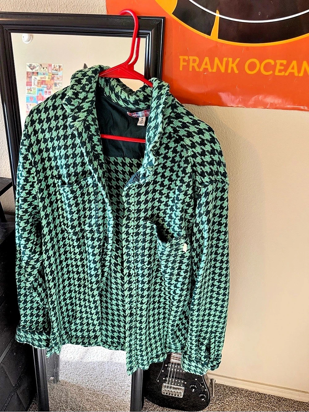 Urban Outfitters Green Houndstooth Shirt Jacket Houndstooth Blazer Green & Black